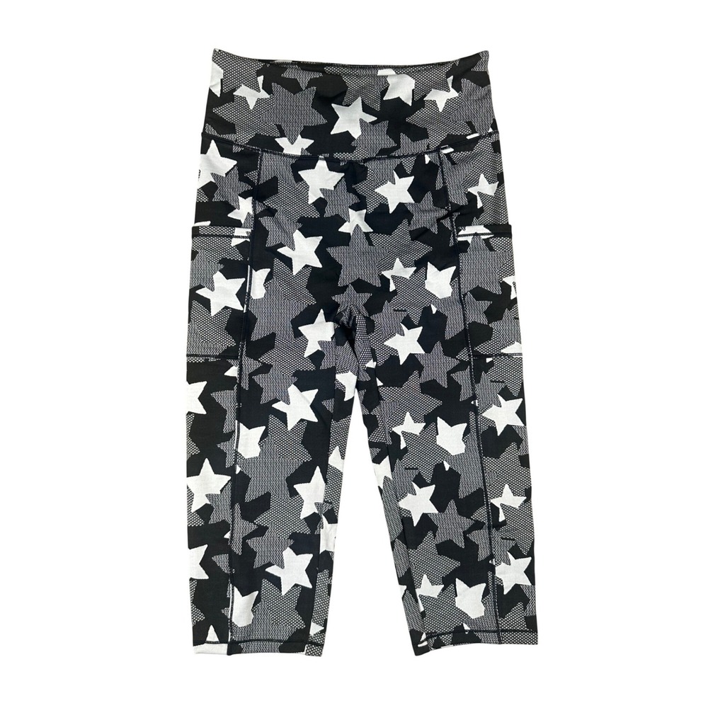 Zuda Womens Black White Star Print Capri Leggings High Rise Side Pockets Size S